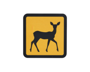 Wildlife crossing sign featuring deer silhouette on yellow background, promoting safety for animals and drivers. This sign is essential in areas with deer crossings