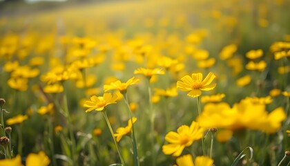 Obraz premium Vibrant yellow wildflower field, Golden meadow, Sunny countryside landscape, Close-up flower petals, Blurred background, Soft focus photography, Warm summer afternoon