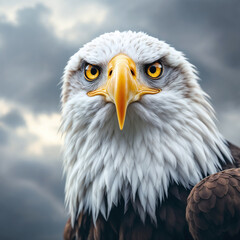 Fototapeta premium Majestic Bald Eagle with Fierce Expression Against Stormy Sky