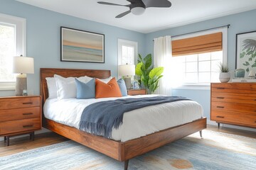 Fototapeta premium Cozy modern bedroom with wooden furniture and bright accents designed for relaxation and comfort