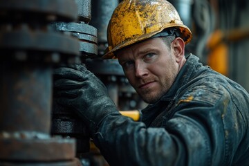 Male Worker Inspecting Valve, Generative AI