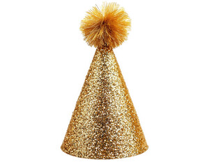 glittery gold party hat with fluffy pom pom on top, perfect for celebrations and festive occasions. This eye catching accessory adds fun touch to any party atmosphere