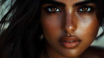 Fototapeta premium A portrait of a person with dark skin, full lips, and curly hair, displaying the beauty and strength of African-American heritage and culture.
