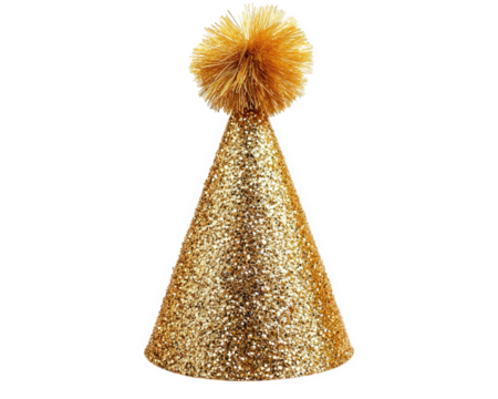 glittery gold party hat with fluffy pom pom on top, perfect for celebrations and festive occasions. This eye catching accessory adds fun touch to any party atmosphere
