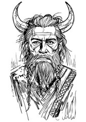 Fierce Viking Warrior Sketch – Black and White Nordic Ink Drawing