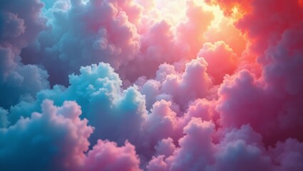 Fototapeta premium A stunning, dreamlike scene of swirling pastel clouds in hues of pink, blue, and yellow, illuminated by a soft glowing light, creating a serene atmosphere