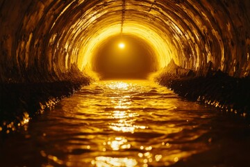 Obraz premium Water flows in illuminated tunnel for infrastructure, drainage, or environmental study