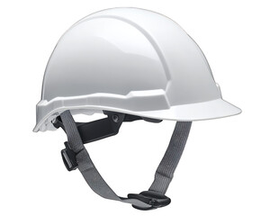 White construction helmet with adjustable chin strap for safety. Ideal for workers in various industries, ensuring protection on job sites