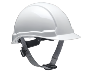 White construction helmet with adjustable chin strap for safety. Ideal for workers in various industries, ensuring protection on job sites