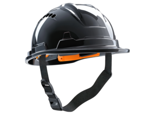 black construction helmet with adjustable chin strap, designed for safety and protection on job sites. This durable headgear is essential for construction workers