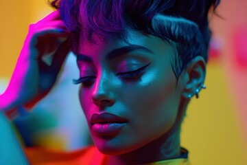 Obraz premium close-up of hands shaping hairstyle, vibrant lighting and skilled artistry in salon