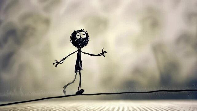 A stick figure attempts to walk a drawn line like a tightrope, but it keeps twisting into silly shapes.