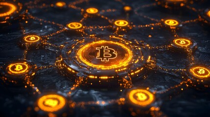 Glowing Digital Money Infrastructure Network Connections Conceptual Futuristic abstract background with illuminated geometric shapes bitcoin symbol and other digital currency network elements
