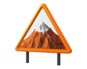 triangular warning sign featuring mountain icon, designed to inform travelers about mountainous terrain. vibrant orange color enhances visibility and safety