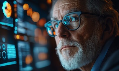 Senior Data Scientist Engaged in Presenting Risk Management Strategies Using Interactive Digital Display in Modern Office, Generative AI