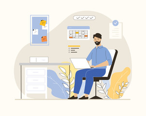 Business management concept. Man planning project tasks, managing schedule, work time. Time management, schedule organization. Flat vector illustration.	
