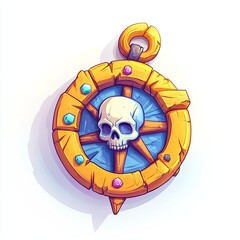 Fantasy pirate compass with skull centerpiece and gemstone details isolated on white background, cartoon style illustration