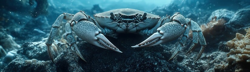 Alaskan crab in its natural habitat, perched on rocky terrain in the sea, with the texture of its shell and the surrounding underwater environment captured in vivid 4K resolution