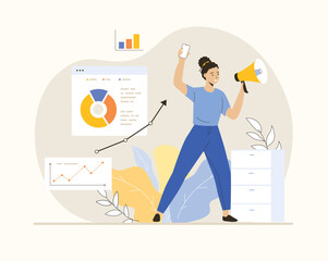 Digital marketing concept. Marketer analyzing graphs, charts and planning marketing strategy to achieve business goals. Flat vector illustration.	
