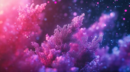 Obraz premium Beautiful underwater coral reef illuminated by colorful lights at night with vibrant marine life