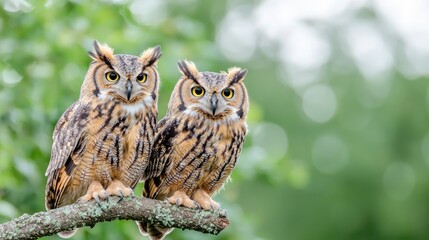 Fototapeta premium Two owls perched on a branch, tranquil forest background, nature photography