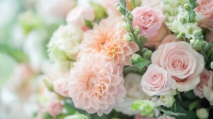 Beautiful floral arrangement featuring pink roses and dahlias in soft hues for a spring celebration