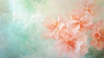 Soft pink flowers bloom against a calming green background, creating a serene atmosphere in a delicate floral display