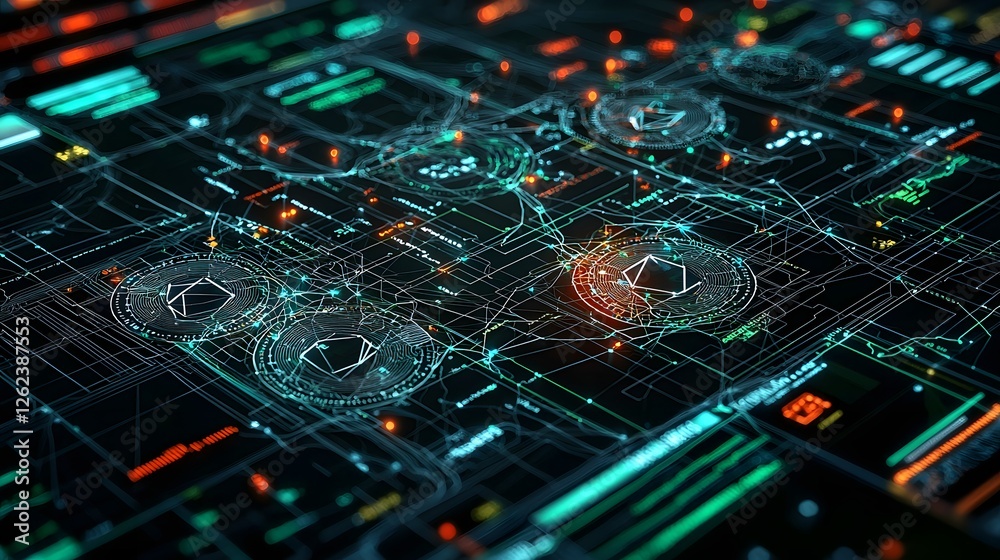 Poster futuristic cryptocurrency network with interconnected nodes and advanced data visualization graphics