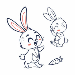 Fototapeta premium Cute bunny rabbit outline sketch vector illustration. Minimal bunny line art doodle in different poses