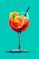 Retro poster of glass of Aperol Spritz cocktail on blue background.