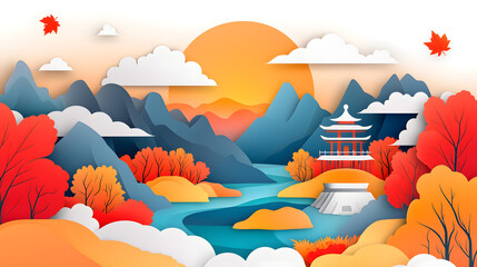 Paper-cut style illustration, Chinese landscape painting with mountains and rivers in the background
