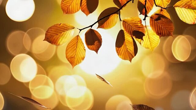 Sunny autumnal background. Red beech branches in front of atmospheric blur in shades of yellow, orange, gold and brown. Some leaves float gently through the air.
