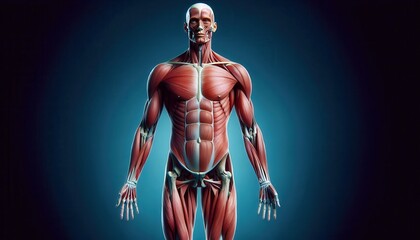 3D rendered human muscular system illustration showing full body muscle structure in glowing blue and red ideal for medical and fitness education