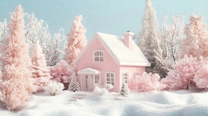 Beautiful pink winter house surrounded by snow-covered trees and delicate winter landscape