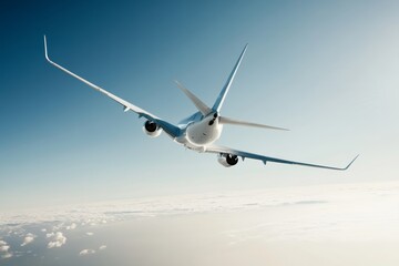Obraz premium Airplane ascending above the clouds during bright sunny day, showcasing aviation technology and travel experience