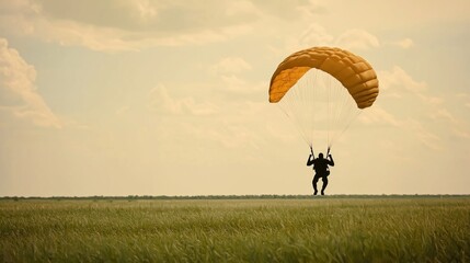 Skydiver landing in a field at sunset