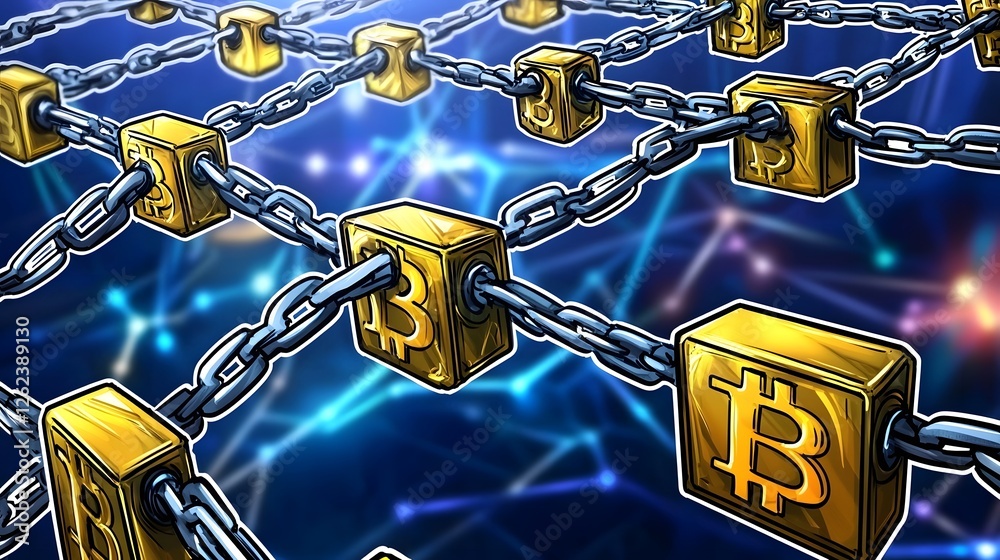 Poster futuristic and abstract of a complex blockchain network spanning multiple interconnected nodes repre