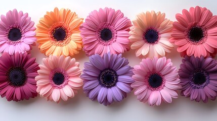 Fototapeta premium Elegant pastel colored flowers artfully scattered on a clean white background captured in a top down view with soft natural lighting and high detail photography