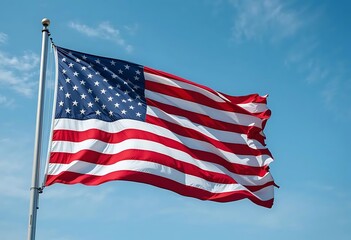 American flag waving on blue sky background