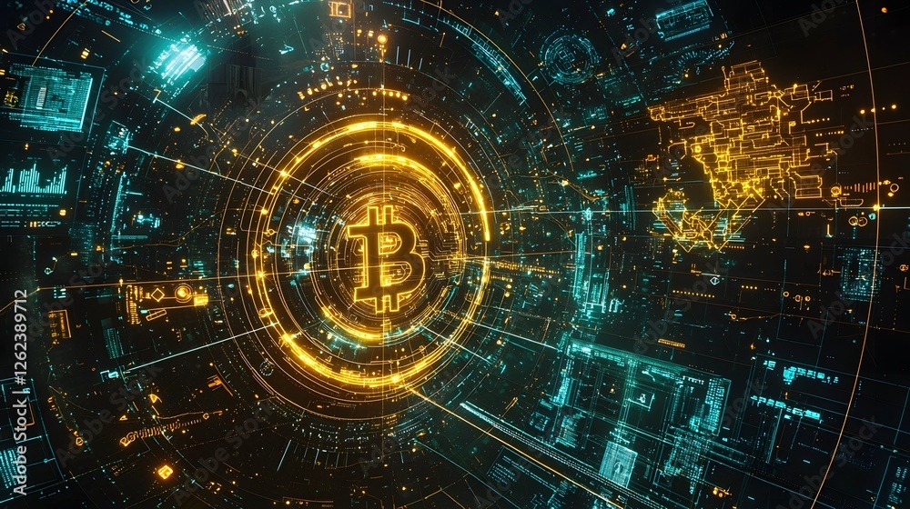 Poster overhead mapping visualization of a futuristic financial system powered by digital currencies and bl