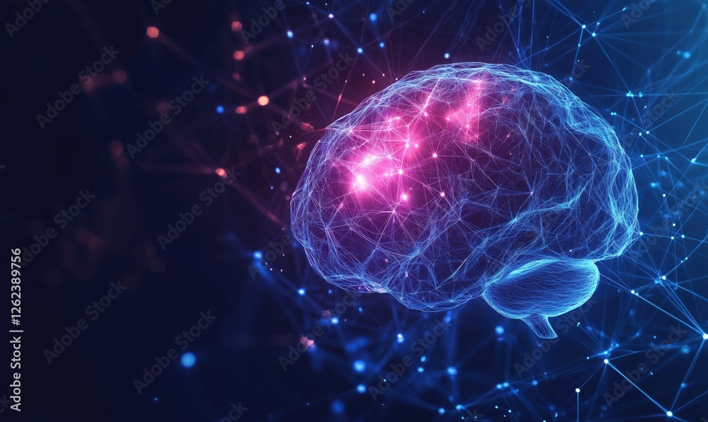 Poster neon brain visualization with neural connections and synapses in digital space