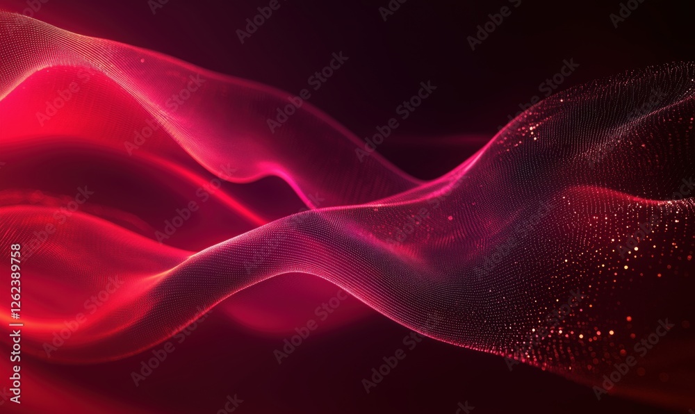 Poster Abstract red wave patterns with glowing particles and smooth flowing lines