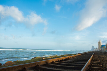 Fototapeta premium The coastal city and train tracks are located in Sri Lanka.