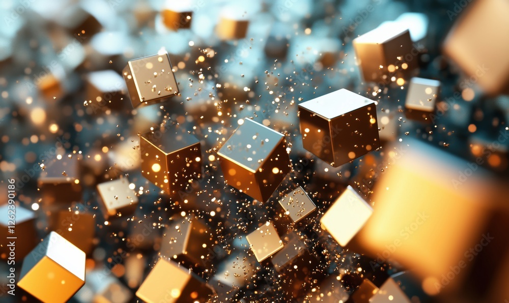 Poster floating golden cubes with sparkling particles in dynamic 3d space