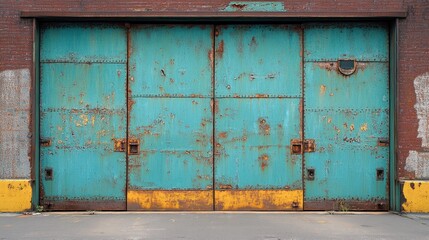 Naklejka premium Rusted teal warehouse doors, urban industrial background, closed, exterior use