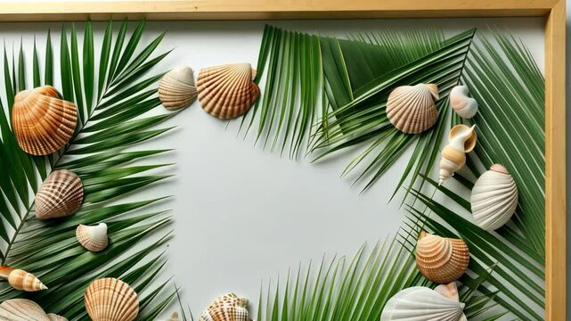 Tropical leaves and seashells arranged in a natural seaside style