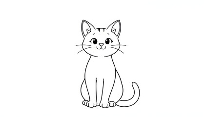 Obraz premium Cute cartoon sitting cat line art drawing. Funny kitten black and white outline. Simple hand drawn illustration. with white shades