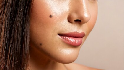 ホクロ切除前の大きなホクロがある女性の顔のクローズアップ