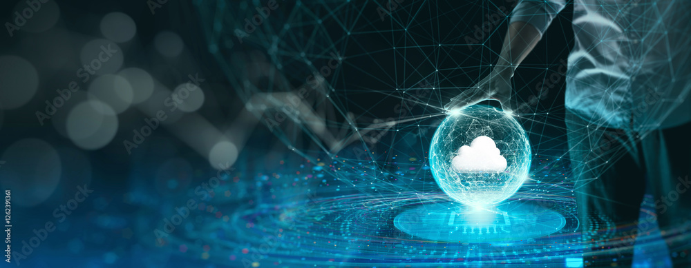 Poster A conceptual image showcasing cloud computing and digital transformation, featuring a futuristic network visualization with a glowing cloud symbol, representing data storage
