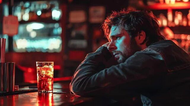 A man sits at a bar with a glass of tea in front of him. He looks sad and is leaning his head on his hand